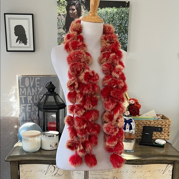 POM POM DYED RABBIT FUR SCARF NECK WARMER RED TAN - Picture 7 of 12